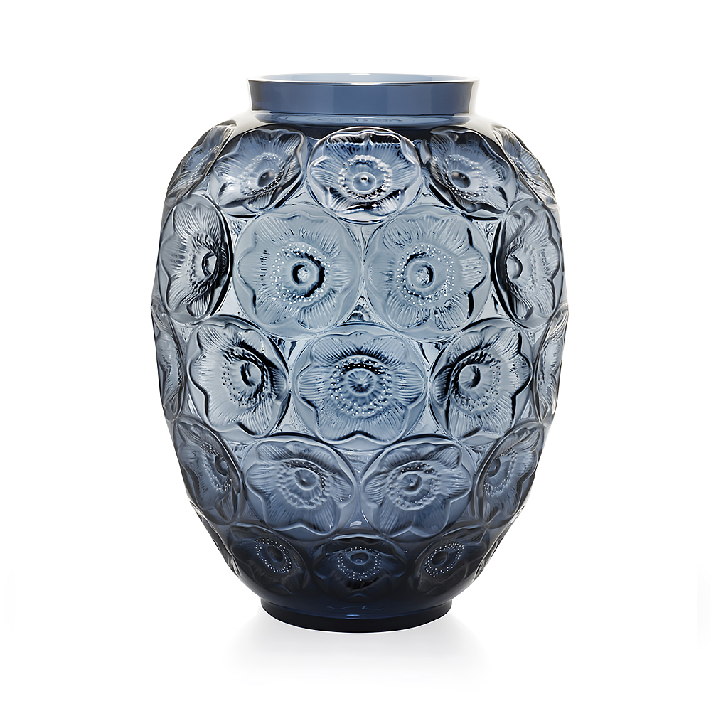 Vase Lalique Anémones grand modèle bleu émaillé blanc