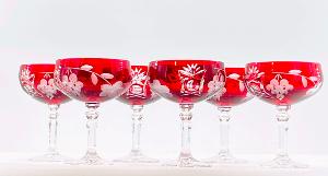 6 Coupes à Champagne Taille Diamant MAT Cristal rouges de Bohème 