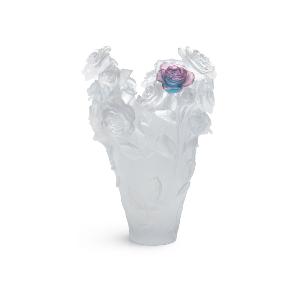 Vase Magnum Rose Passion Daum Blanc 58 cm Fleur verte et rose 