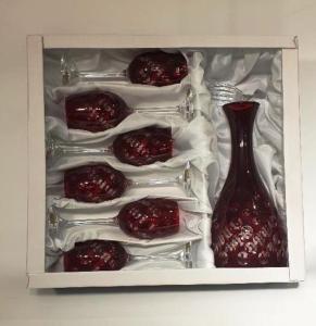 Coffret carafe et 6 verres à vin élégants boules rouge rubis en cristal bohème