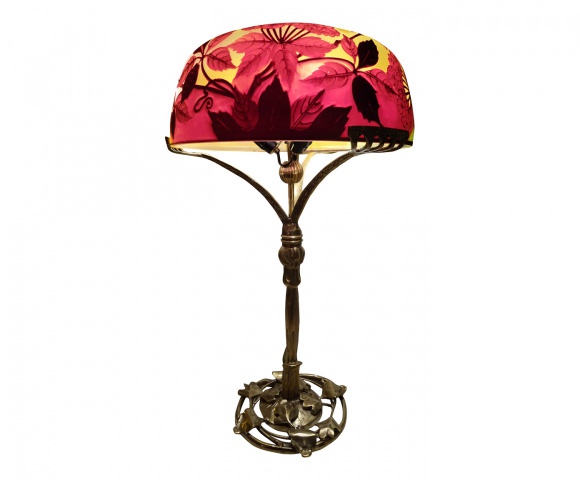 Lampe " Ombelles" reproduction Gallé pied en bronze Majorelle