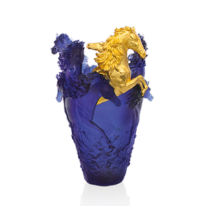 Vase Cheval Magnum Daum bleu , 2 têtes dorées 