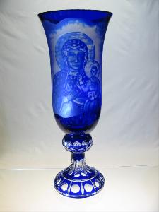 Vase Religieux " Vierge Marie et Jésus " en Cristal de Bohème Bleu cobalt