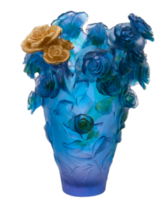 Vase Rose Passion Magnum Daum bleu & fleur or 53 cm