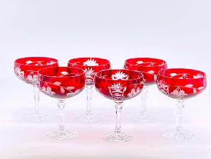 6 Coupes à Champagne Taille Diamant MAT Cristal rouges de Bohème 