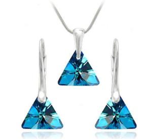 Parure Pendentif Boucles Cristal Swarovski Triangle Bleu xilion Chaine Argent 925