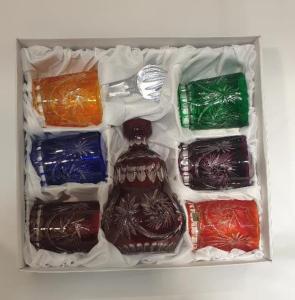 Coffret de carafe et 6 verres couleurs en cristal bohème