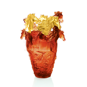 Vase Cheval Magnum Daum ambre , 3 têtes dorées 