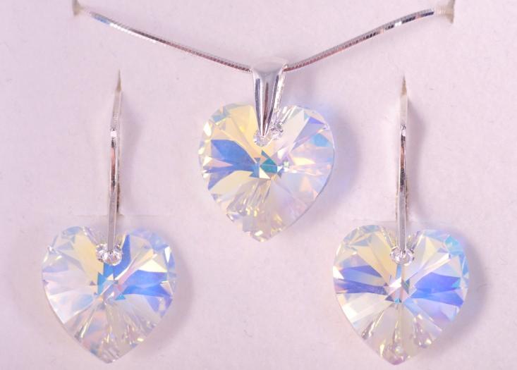Parure Pendentif Boucles Cristal Swarovski Coeur AB cristal monture Argent 925 Parure Pendentif Boucles Cristal Swarovski Coeur AB cristal monture Argent 925