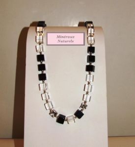 Collier onyx, cristal de roche et argent 925