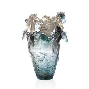 Vase Cheval Magnum Daum gris bleu , 3 têtes argentées 