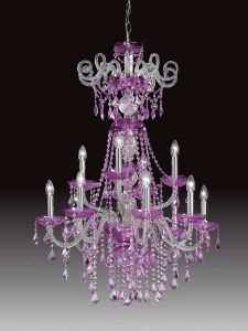 Lustre Chandelier Cristal Murano Voltolina Collection Dream Lilas et tranparent