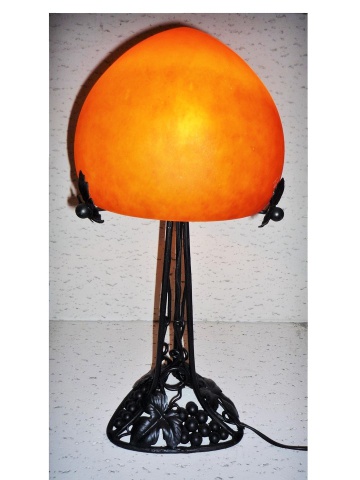 Lampe art nouveau Palmier fer forgé et pate de verre orange