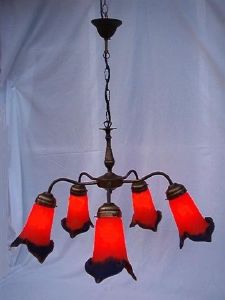 Lustre, Suspension Art Nouveau 5 Tulipes rouge