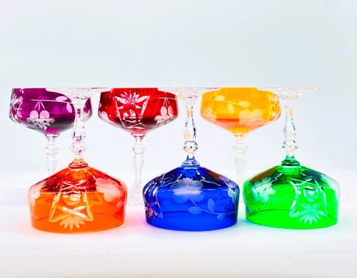 6 Coupes à Champagne Taille Diamant MAT Cristal couleurs de Bohème 