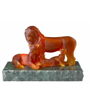 Sculpture Lions ambre Cristal Lalique 