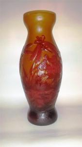 Vase Tip Gallé " Libellules et iris rouge pourpre " 