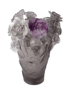 Vase Rose Passion Gris et fleur violette Daum 35 cm