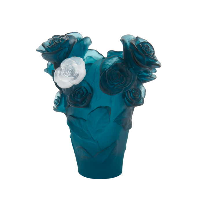 Vase Rose Passion Daum bleu & fleur blanche 17 cm
