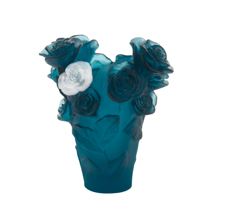 Vase Rose Passion Daum bleu & fleur blanche 17 cm