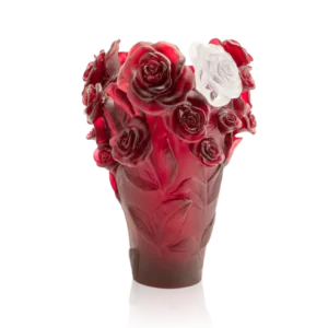 Vase Rose Passion Daum - Rouge & Fleur Blanche - Grand Modèle