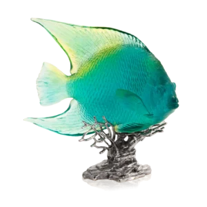 Sculpture d'un ange royal en pâte de verre de la prestigieuse cristallerie Daum, collection Mer de Corail. Couleur turquoise & jaune.
