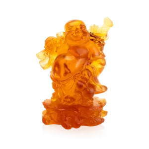 Sculpture "Bouddha Debout" en pâte de verre de la prestigieuse cristallerie Daum. Couleur ambre.