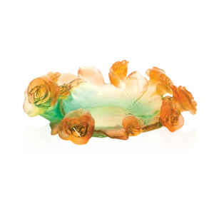 Coupe en pâte de verre de la prestigieuse cristallerie Daum, collection Rose Passion. Couleur verte & orange.