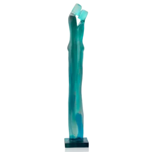 Sculpture "Départ" en pâte de verre de la prestigieuse cristallerie Daum, réalisée en collaboration avec l'artiste Laurence Bonnel. Couleur bleue & verte.