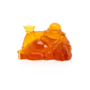 Sculpture "Happy Bouddha" en pâte de verre de la prestigieuse cristallerie Daum. Couleur ambre.