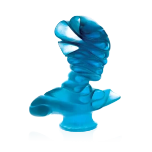 Sculpture "Masque de Verre" en pâte de verre de la prestigieuse cristallerie Daum, réalisée en collaboration avec l'artiste Jean Faucheur. Couleur bleue.