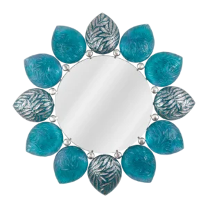 Miroir Mélodie en pâte de verre de la prestigieuse cristallerie Daum, réalisé en collaboration avec le parurier Français Jacques Hurel. Couleur turquoise, avec une finition à la feuille de palladium.