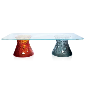 Table basse grand modèle en pâte de verre de la prestigieuse cristallerie Daum, collection Végétale. Couleur ambre & gris bleu, avec un plateau en verre trempé.