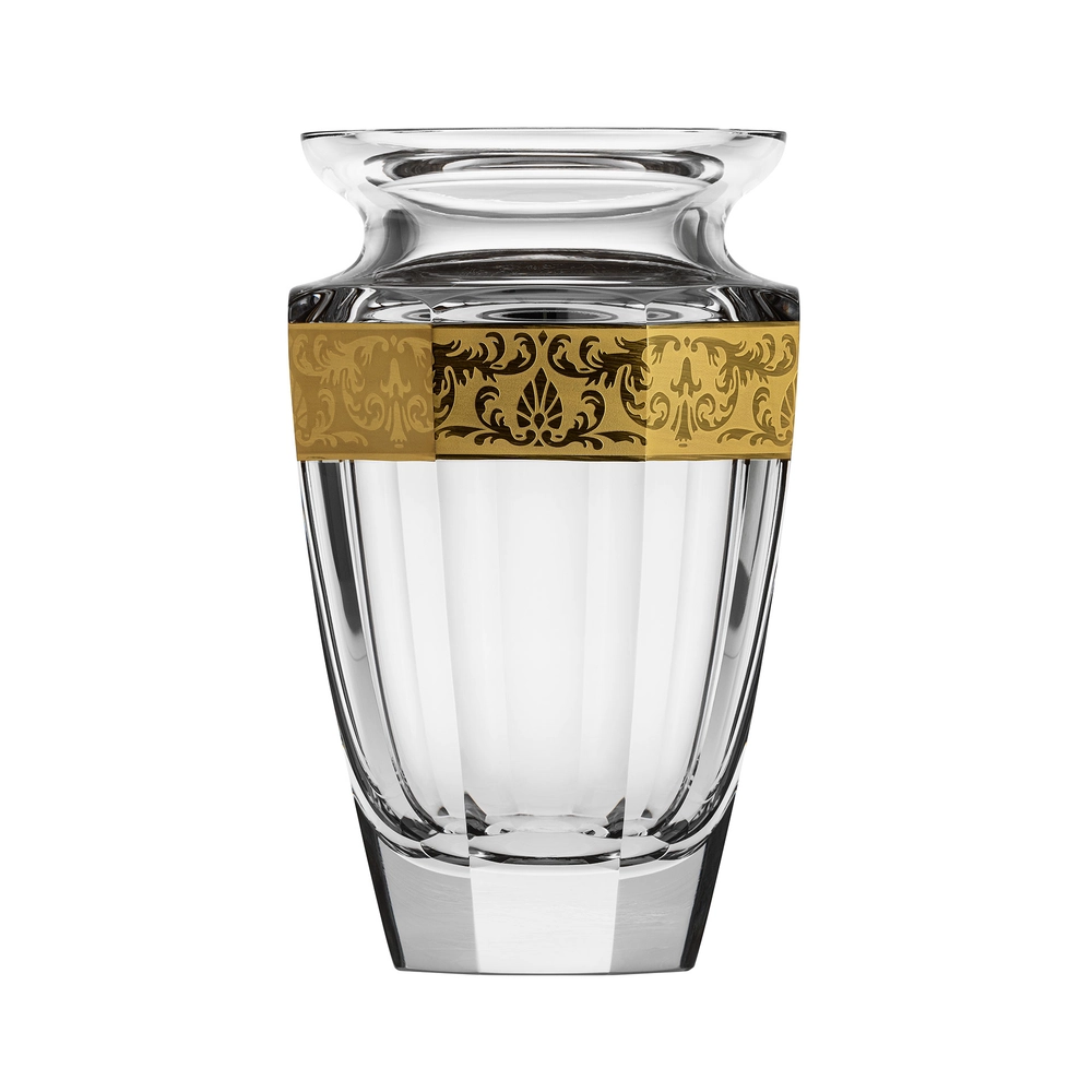 Vase Eternity 20cm, avec une élégante bande en or 24 carats, en authentique cristal de bohême taillé main. Création de Moser, la plus prestigieuse & réputée cristallerie de Bohême.