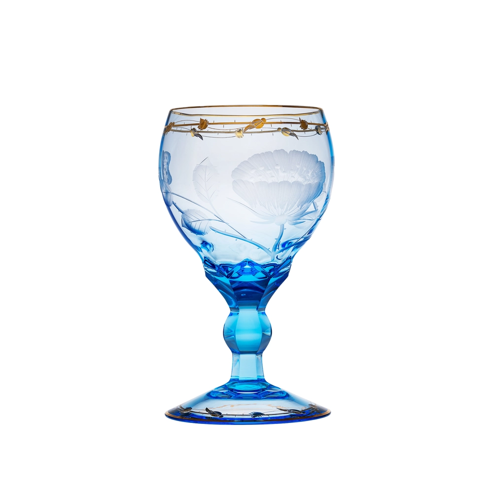 Verre à brandy & cognac bleu océan 320ml en authentique cristal de bohême taillé main, gravé artistiquement, et subtilement décoré avec de l'or 24 carats. Collection Paula de Moser, la plus prestigieuse & réputée cristallerie de Bohême.