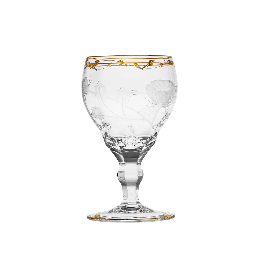 Verre à brandy & cognac 320ml en authentique cristal de bohême taillé main, gravé artistiquement, et subtilement décoré avec de l'or 24 carats. Collection Paula de Moser, la plus prestigieuse & réputée cristallerie de Bohême.