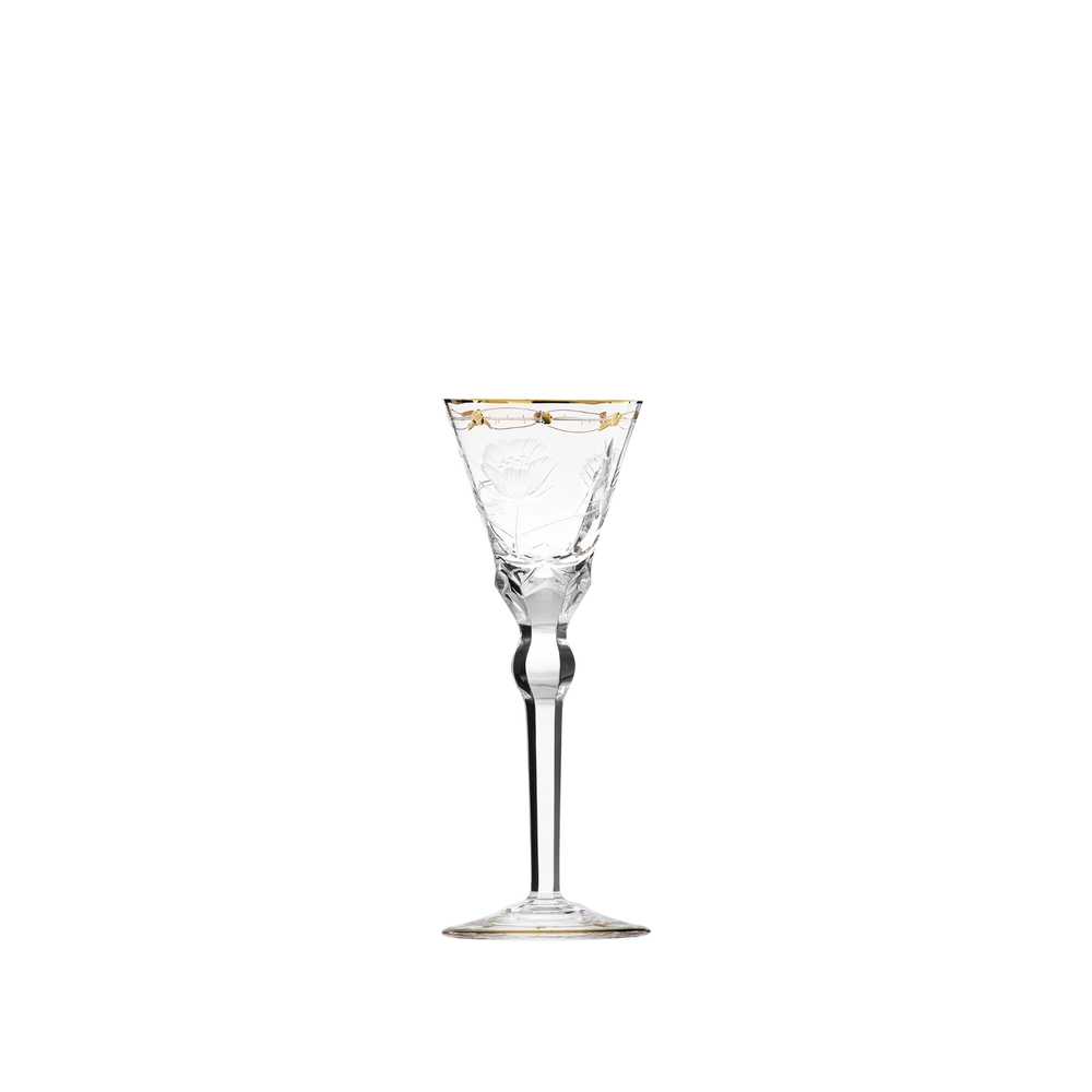 Verre à liqueur 50ml en authentique cristal de bohême taillé main, gravé artistiquement, et subtilement décoré avec de l'or 24 carats. Collection Paula de Moser, la plus prestigieuse & réputée cristallerie de Bohême.