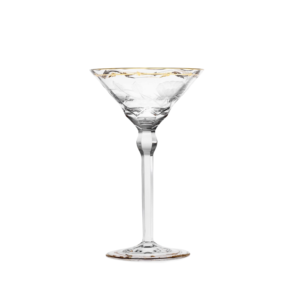 Verre à martini 140ml en authentique cristal de bohême taillé main, gravé artistiquement, et subtilement décoré avec de l'or 24 carats. Collection Paula de Moser, la plus prestigieuse & réputée cristallerie de Bohême.