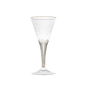 Verre à vin blanc 220ml en authentique cristal de bohême taillé main, gravé artistiquement, et subtilement décoré avec des feuilles en or 24 carats peintes à la main. Collection Maharani de Moser, la plus prestigieuse & réputée cristallerie de Bohême.