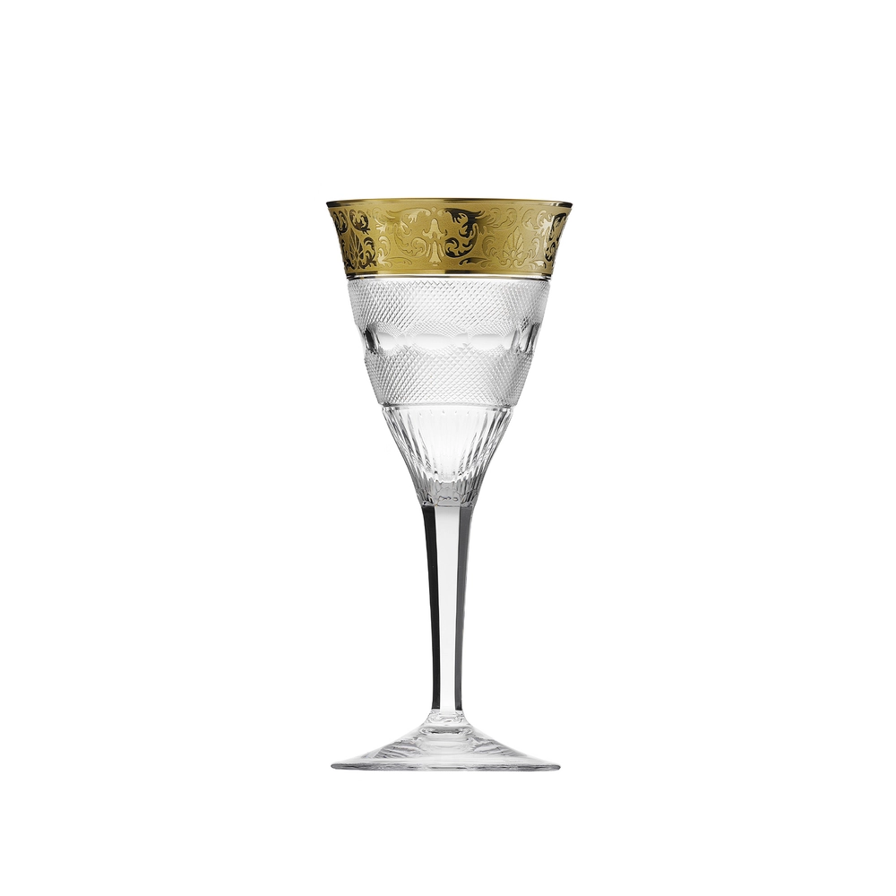 Verre à vin blanc 200ml en authentique cristal de bohême taillé, avec un bandeau en or 24 carats. Création Moser, la plus prestigieuse & réputée cristallerie de Bohême. Collection Splendid, élaborée en 1911, qui reste encore aujourd'hui la plus luxueuse de toute l'histoire de la Maison.
