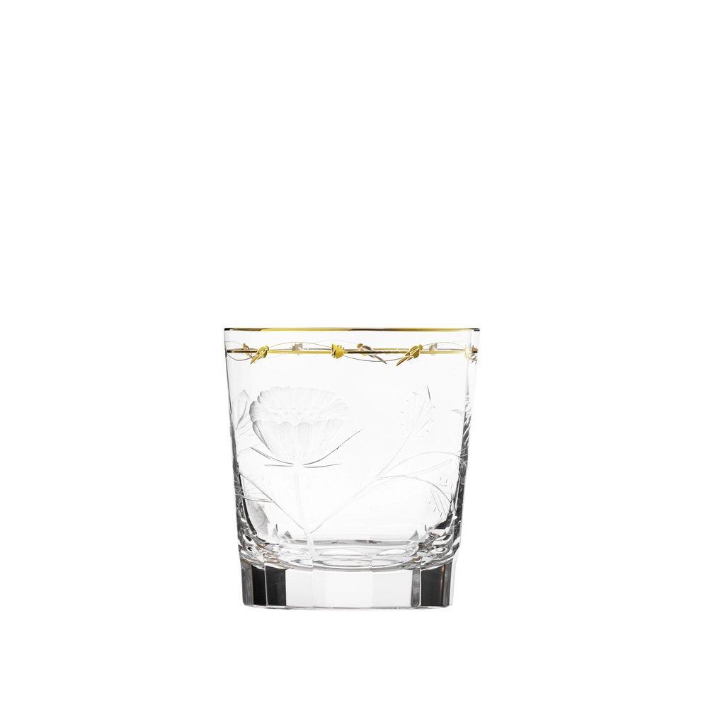Verre à whisky 370ml en authentique cristal de bohême taillé main, gravé artistiquement, et subtilement décoré avec de l'or 24 carats. Collection Paula de Moser, la plus prestigieuse & réputée cristallerie de Bohême.